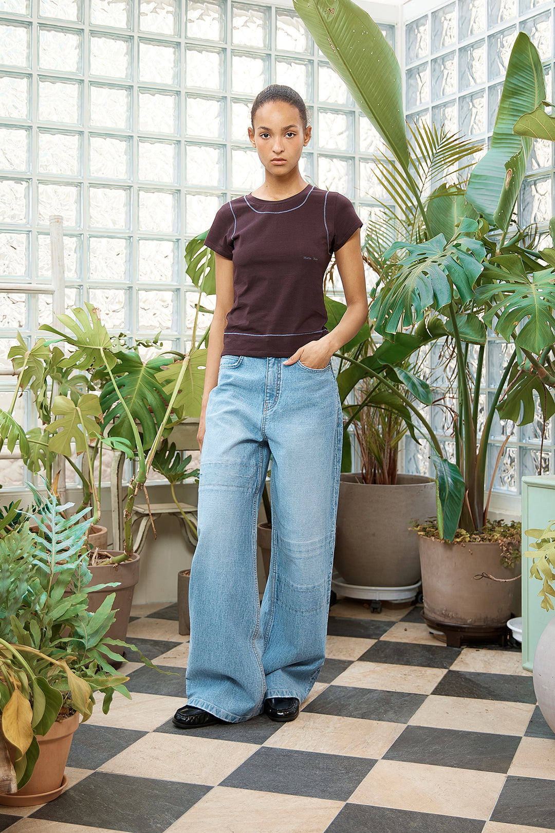 Matin Kim Stitch Point Small Logo Top — Brown