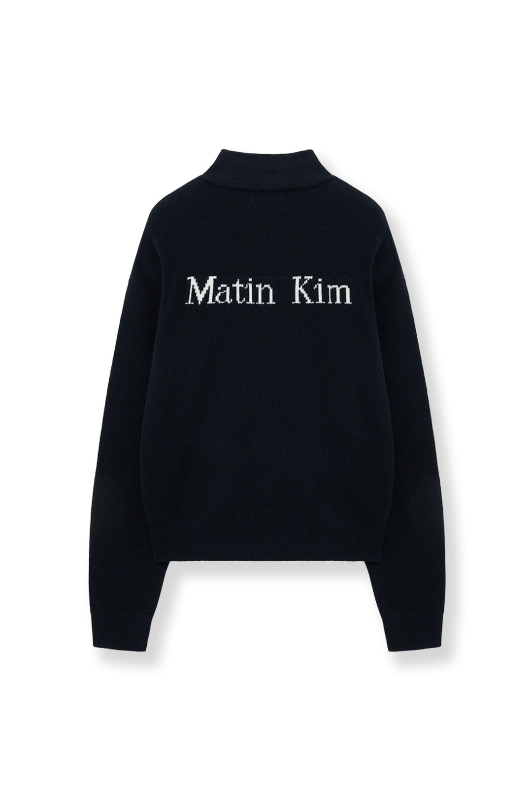 Matin Kim Back Logo Half Knit Zip Pullover — Navy blue