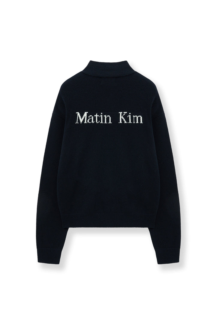 Matin Kim Back Logo Half Knit Zip Pullover — Navy blue