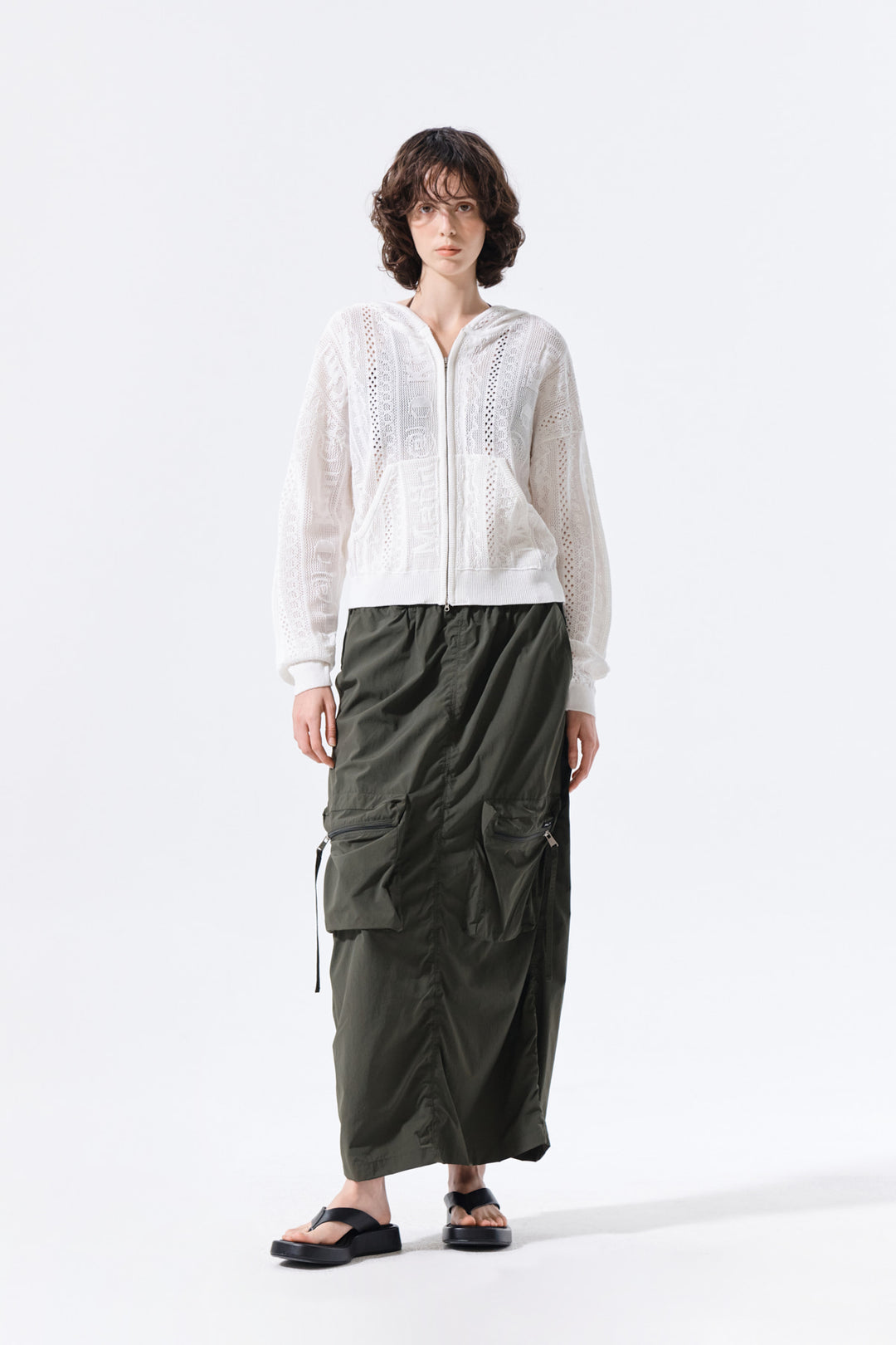 Matin Kim Patch Pocket Shirring Nylon Skirt — Khaki