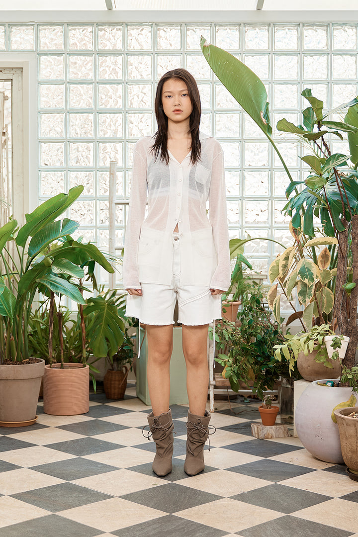 Matin Kim String Point Plain Long Cardigan — White