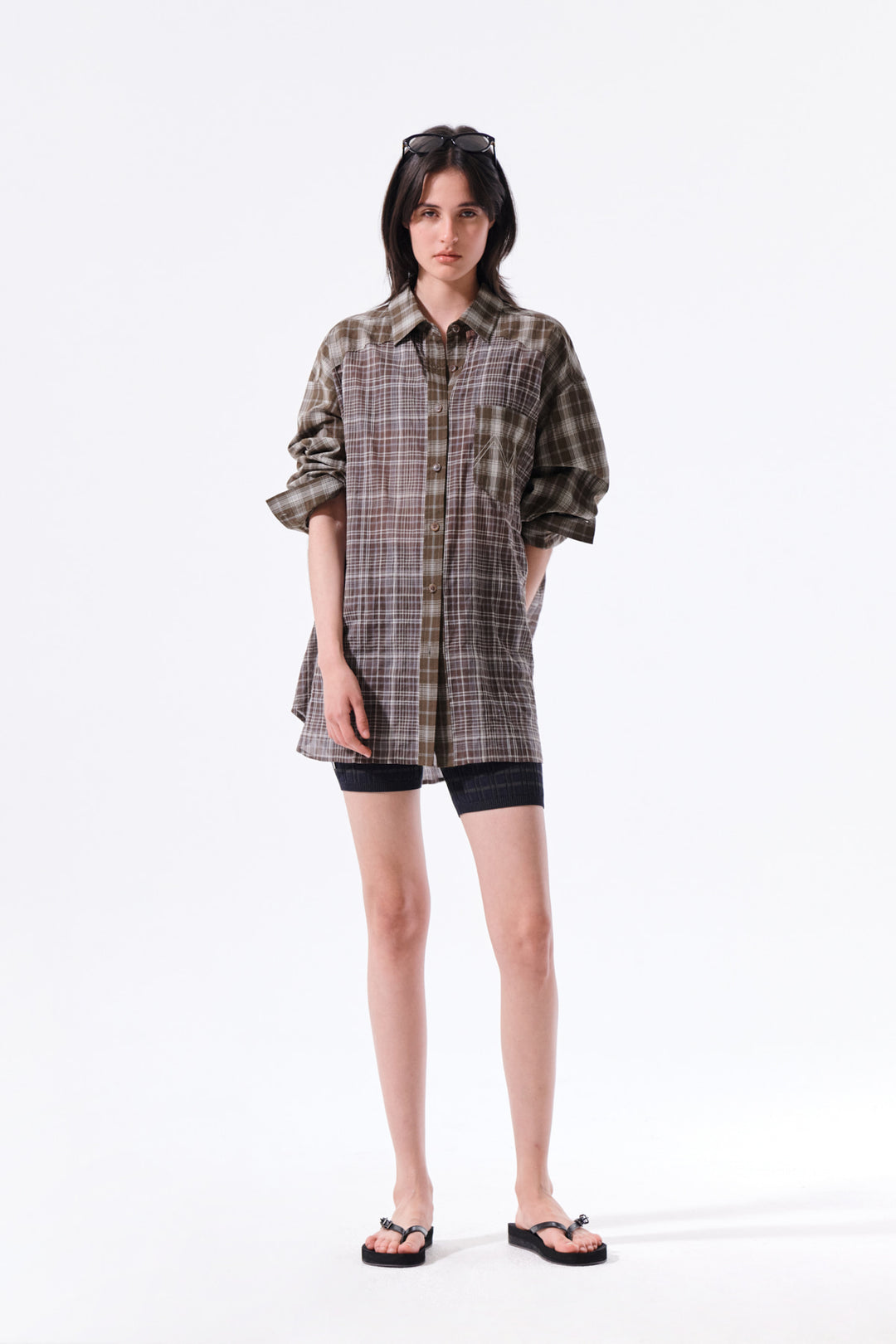 Matin Kim Mixed Check Overfit Shirt — Brown