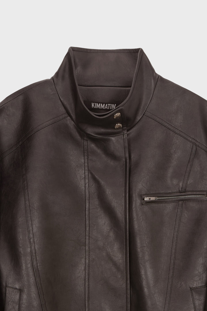 KIMMATIN Oversize Leather Biker Jumper — Brown
