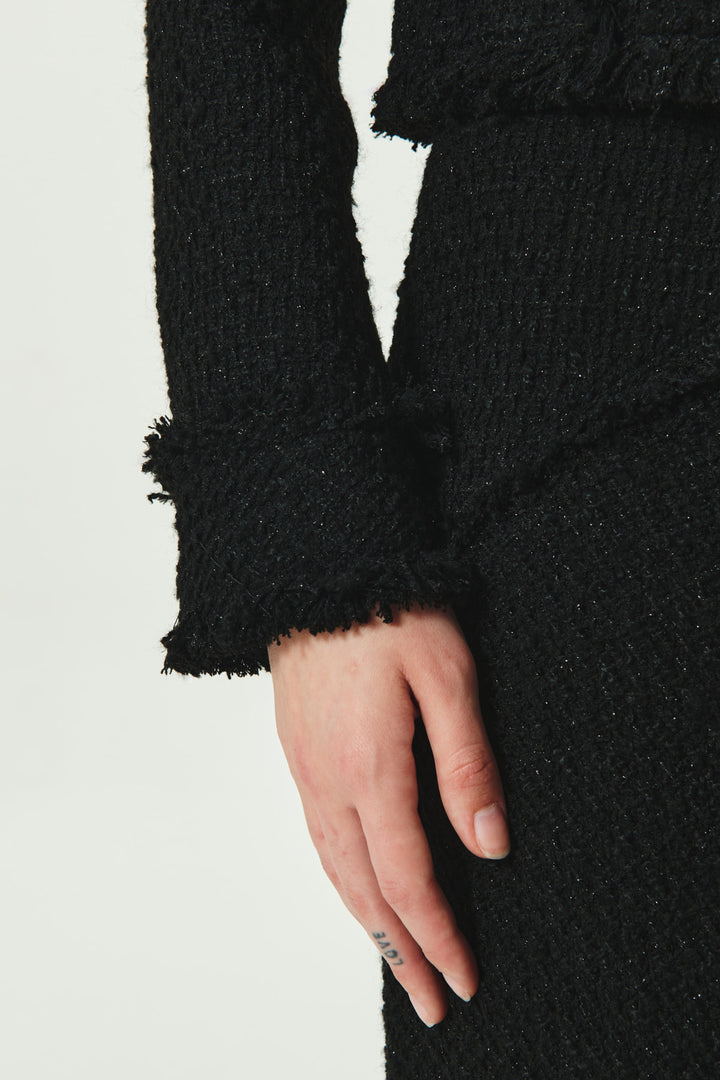KIMMATIN Unbalance Tweed Crop Jacket — Black