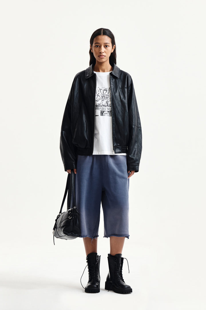 Matin Kim Vintage Washed Back Logo Bermuda Sweatpants — Blue