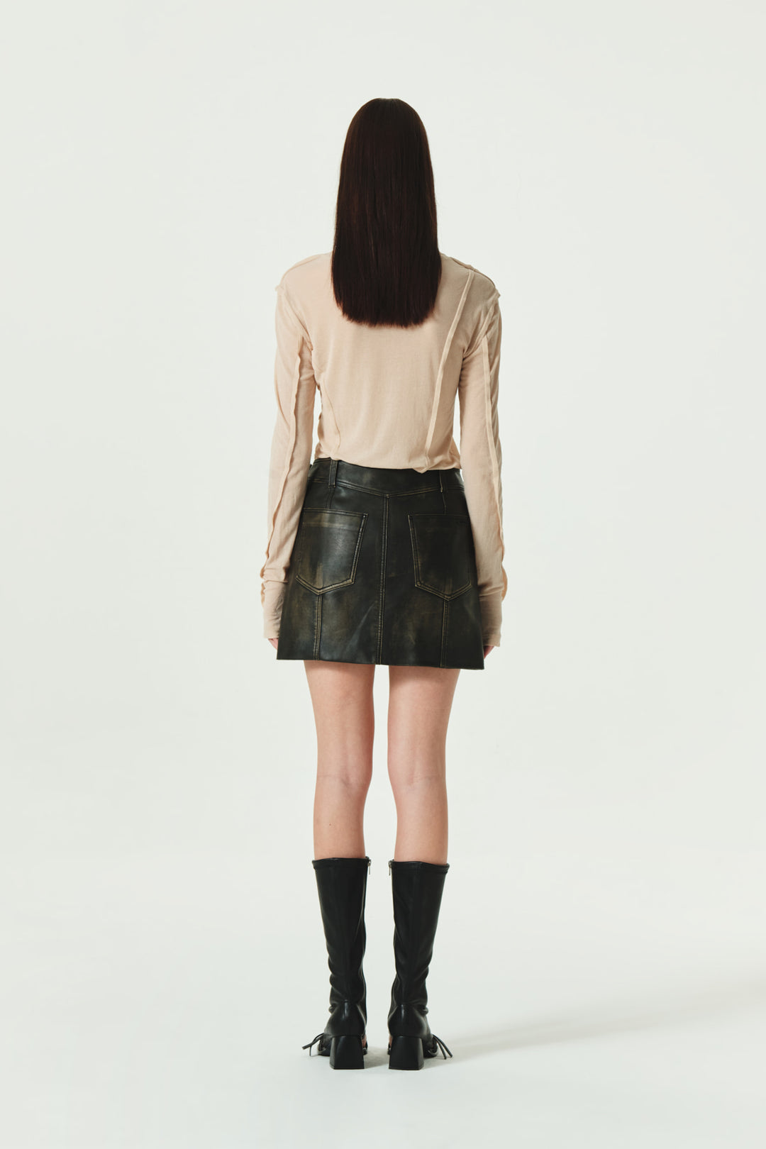 KIMMATIN Washed Faux Leather Mini Skirt — Brown