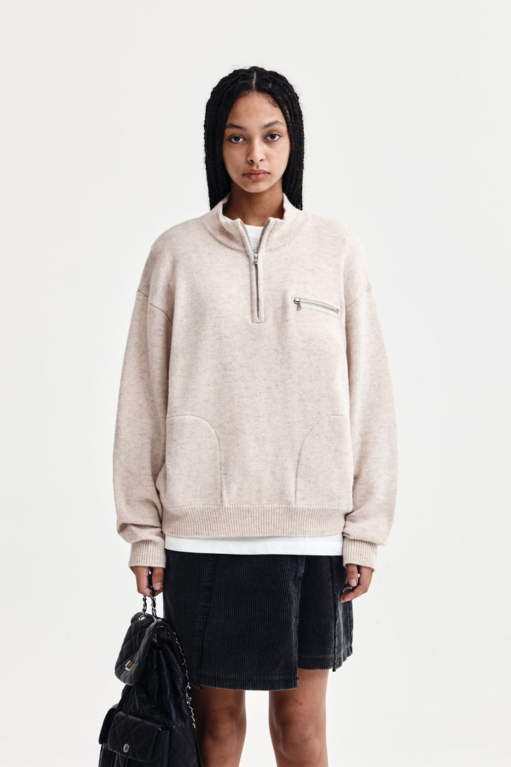 Matin Kim Back Logo Half Knit Zip Pullover — Beige