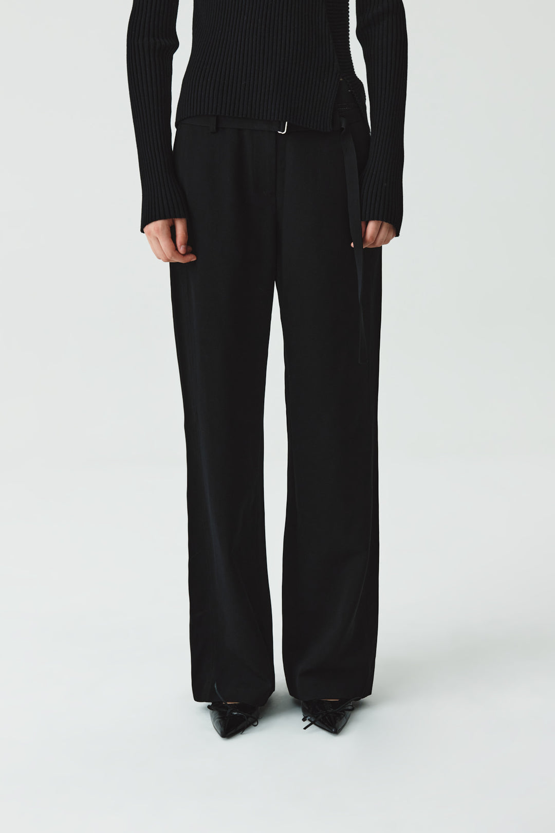 KIMMATIN Waist Point Belted Wool Trouser — Black