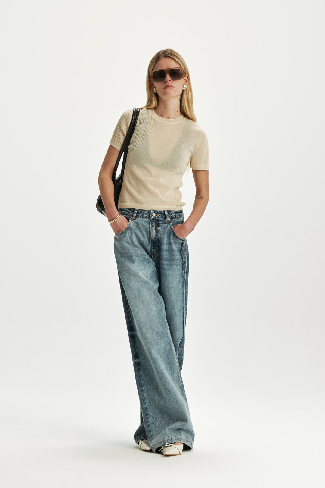 KIMMATIN Sheer Half Sleeve Knit Top — Ivory