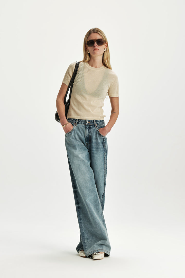 KIMMATIN Sheer Half Sleeve Knit Top — Ivory