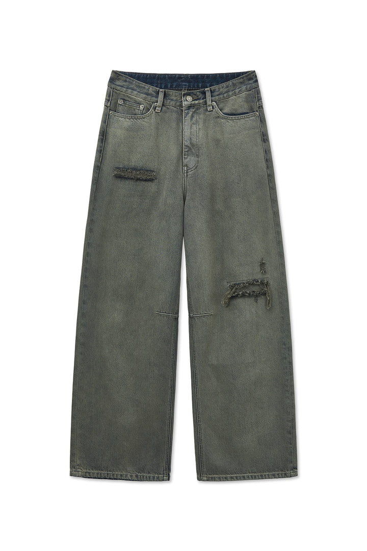 Matin Kim Back Logo Wide Denim — Smoke — Blue