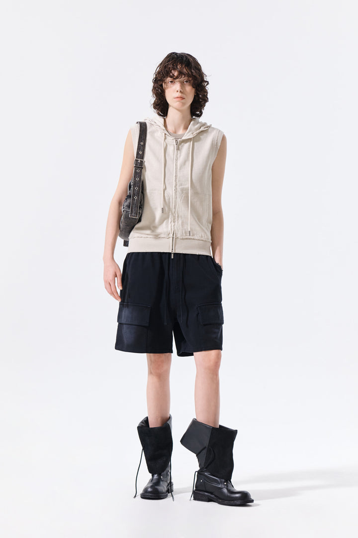 Matin Kim Back Logo Jersey Hood Vest — Beige