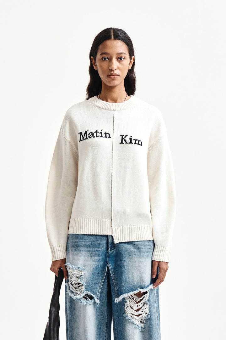 Matin Kim Asymmetric Logo Knit Pullover — Ivory