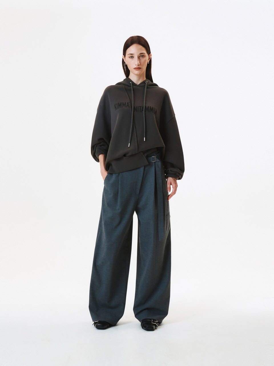 KIMMATIN Blurred Logo Raw Cut Oversize Hoody — Charcoal