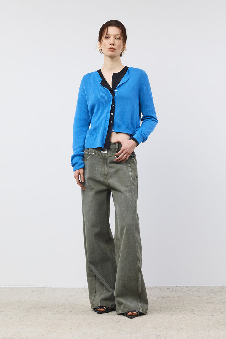 KIMMATIN Unbalance Slim Cardigan — Blue