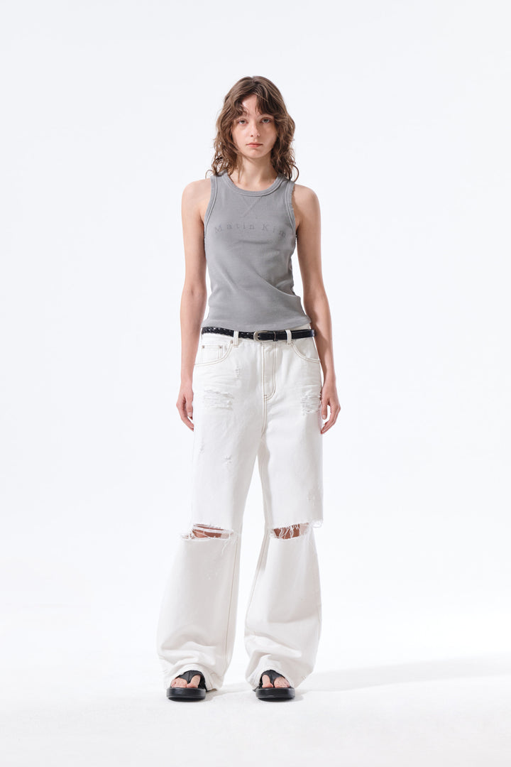 Matin Kim Distressed Sleeveless Logo Top — Light Grey