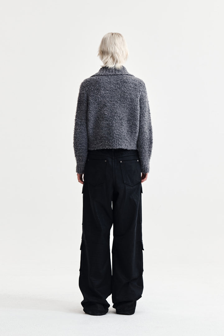 Matin Kim Boucle Knit Zip-Up Cardigan — Charcoal