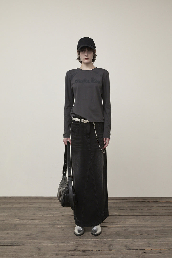 Matin Kim Damage Point Long Denim Skirt — Black