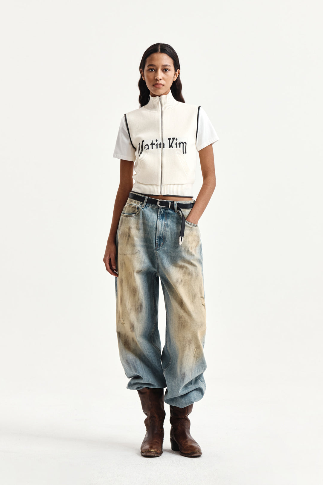 Matin Kim Spell Point Knit Zip Up Vest — Ivory