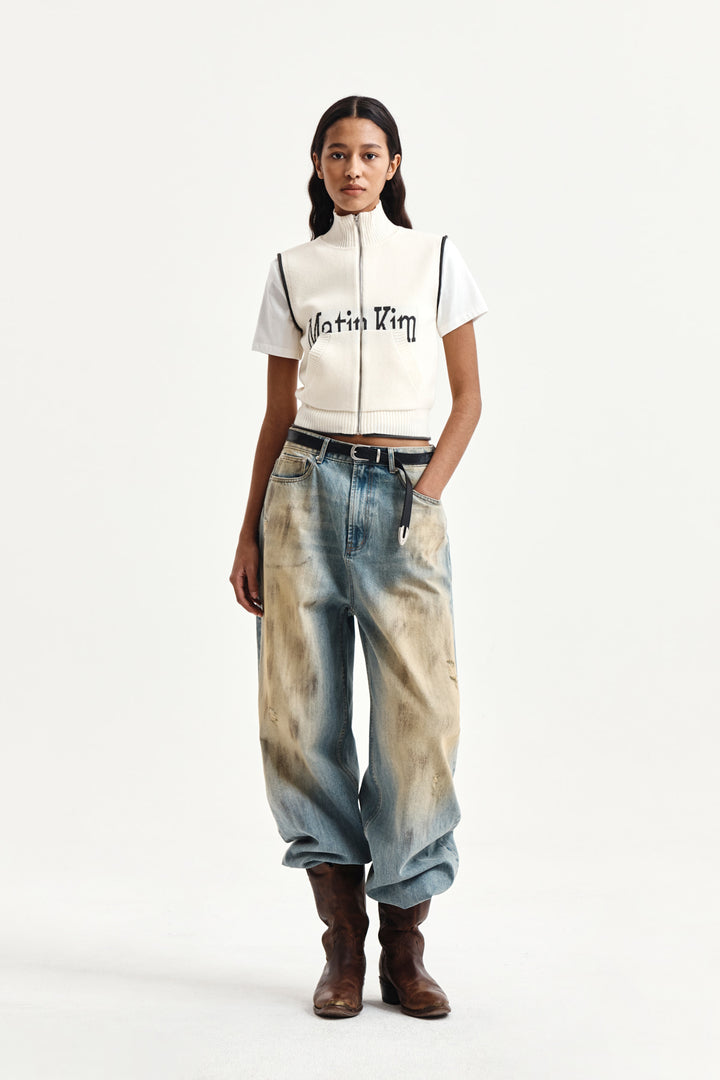 Matin Kim Spell Point Knit Zip Up Vest — Ivory