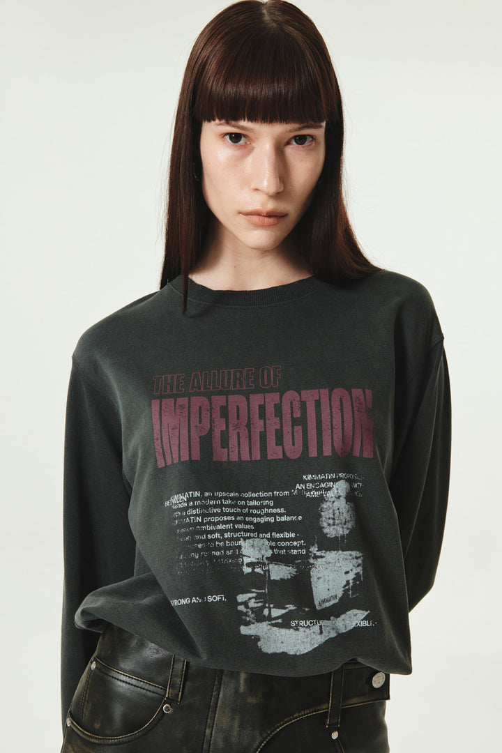 KIMMATIN Washed Printing Long Sleeve Top — Charcoal