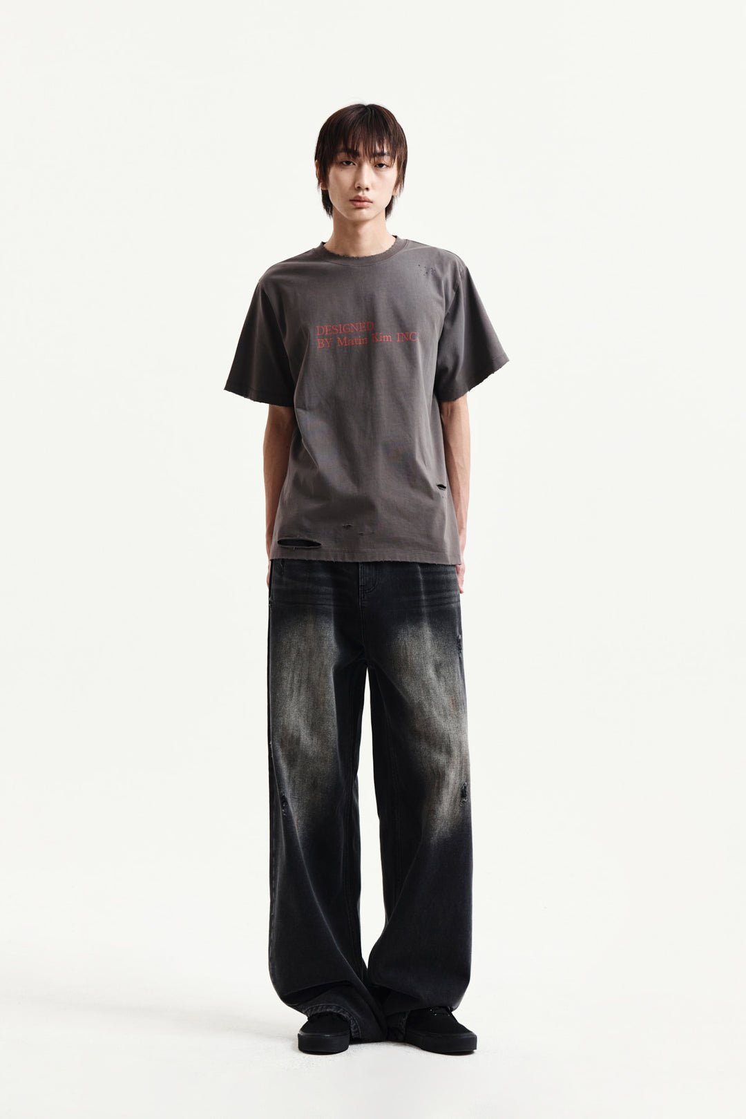 Matin Kim Spray Washed Lettering Damaged Top — Charcoal