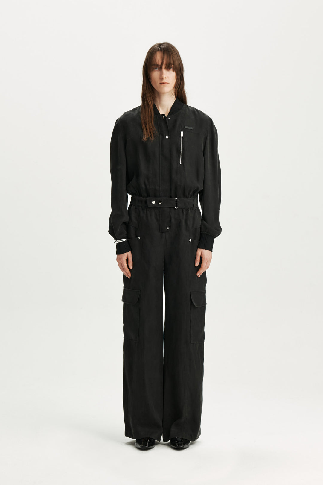 KIMMATIN Silky Belted Cargo Jumpsuit — Black