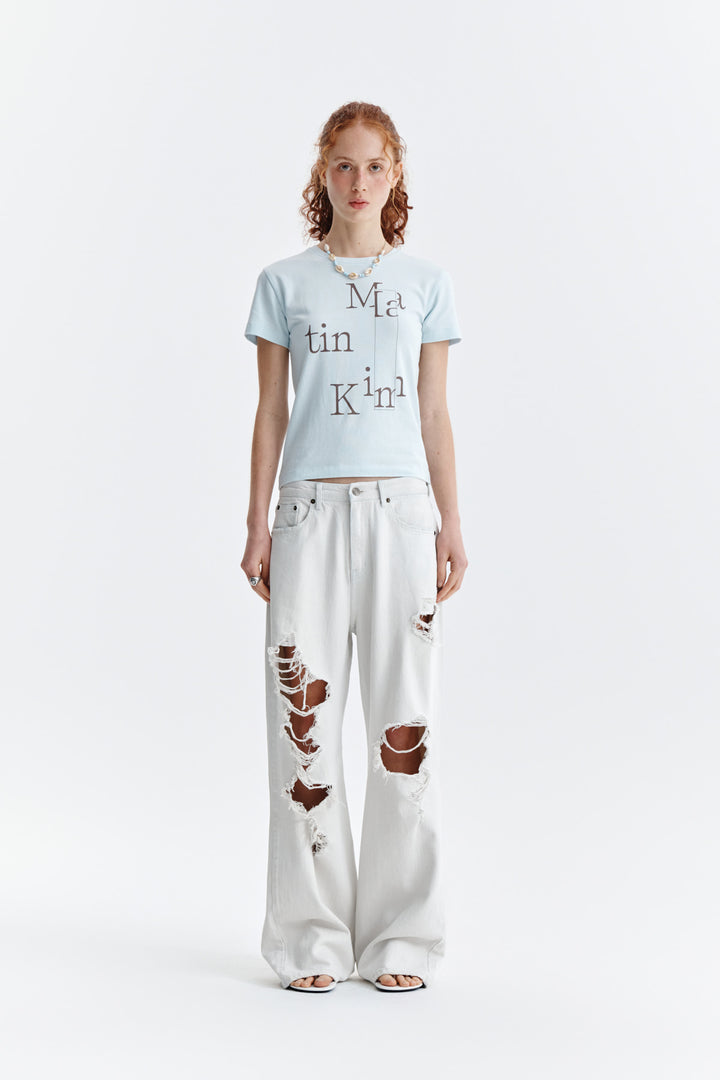 Matin Kim Patchwork Graphic Logo Tee — Light Blue