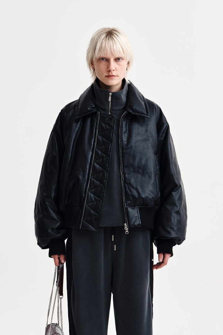 Matin Kim Faux Leather Down Jumper — Black
