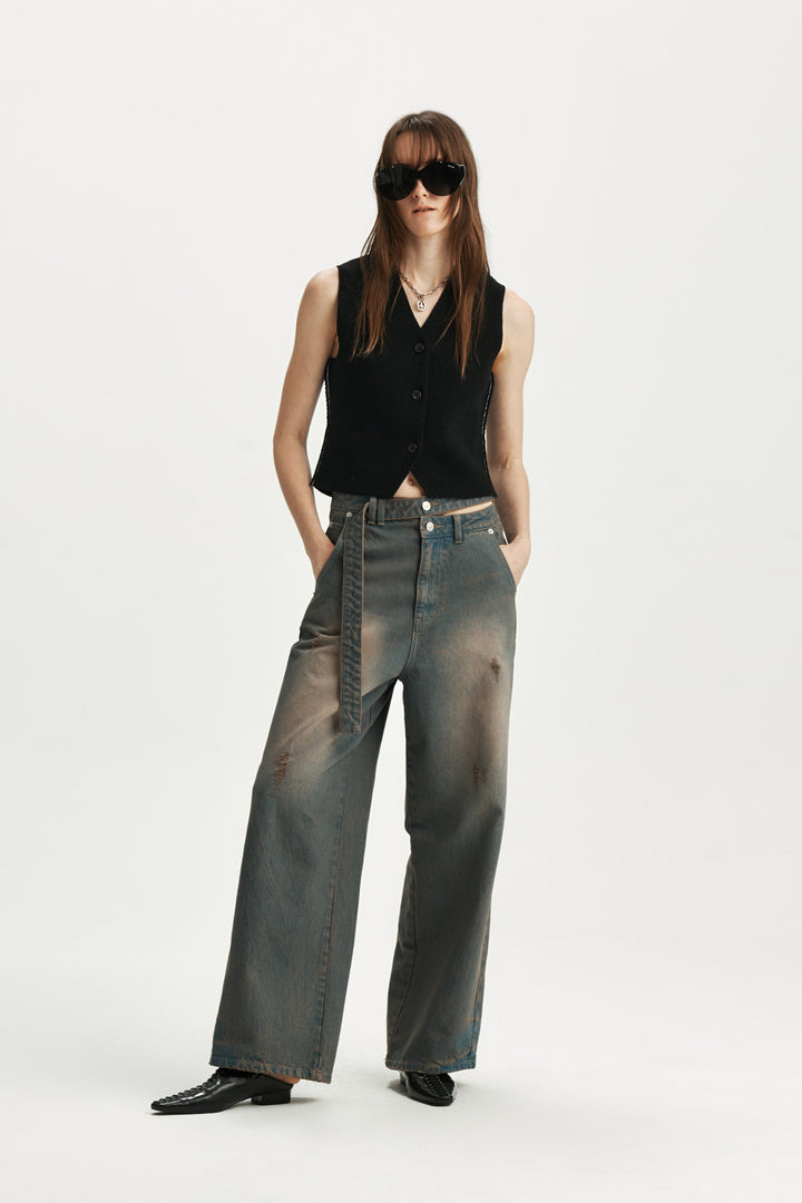 KIMMATIN Unbalance Belted Denim Pants — Blue