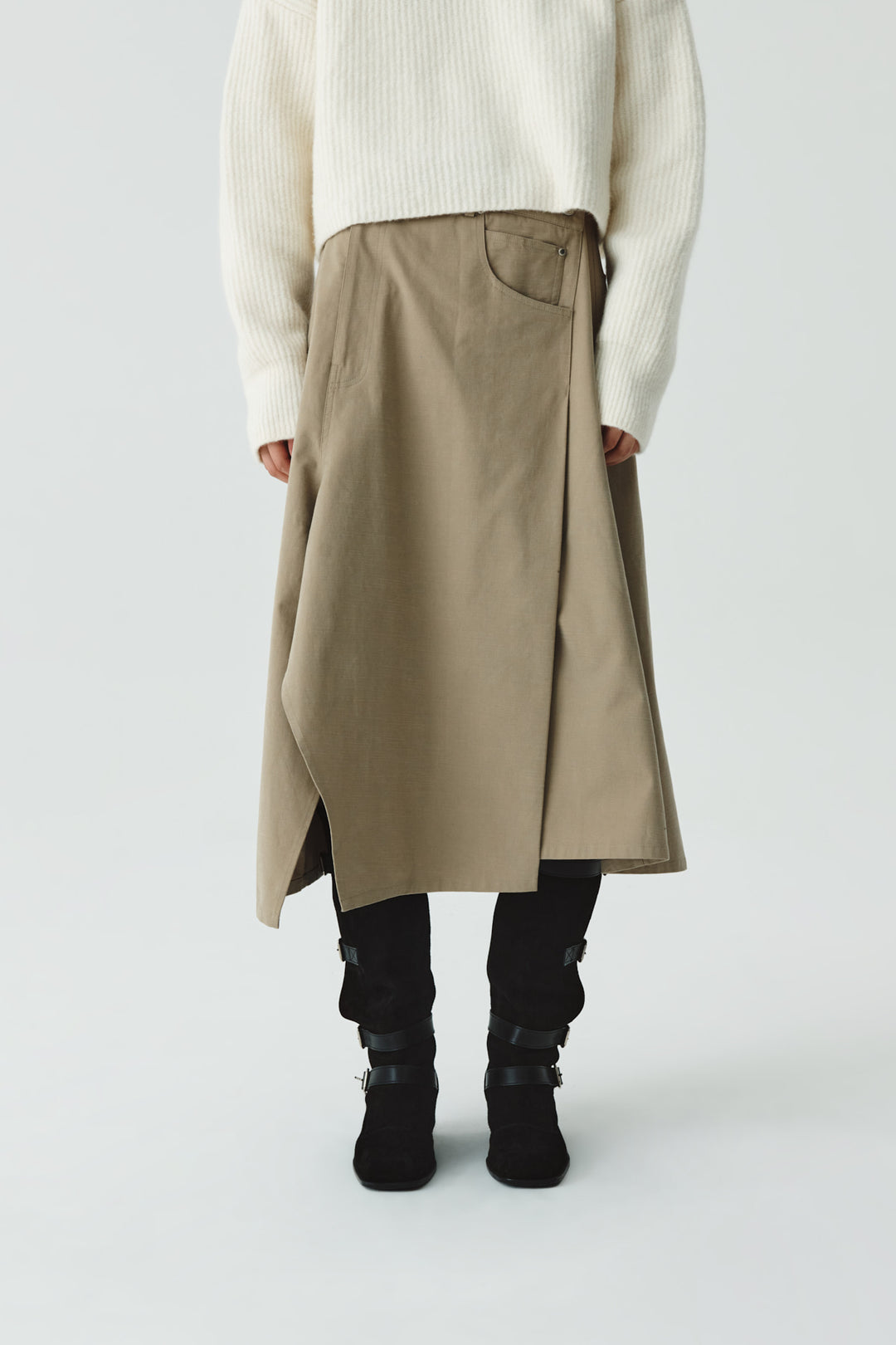 KIMMATIN Unbalance Cotton Flare Skirt — Beige