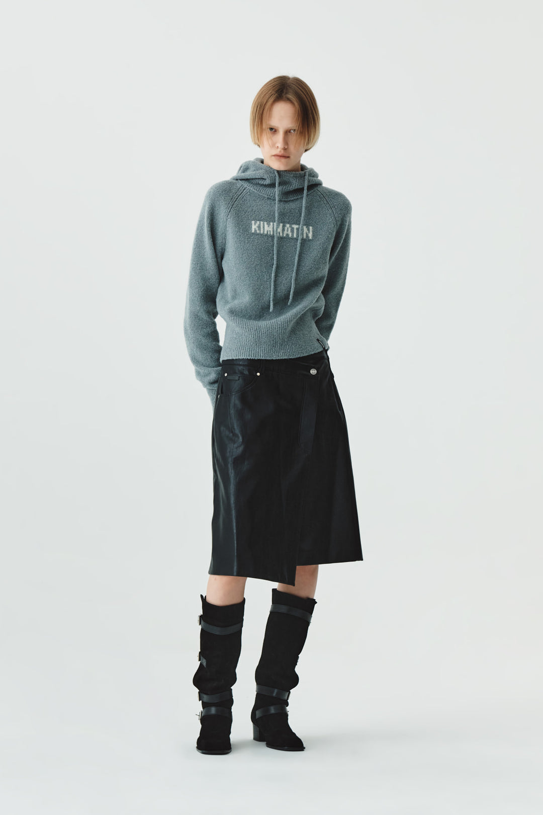 KIMMATIN Turtle Hoody Boucle Knit Top — Gray