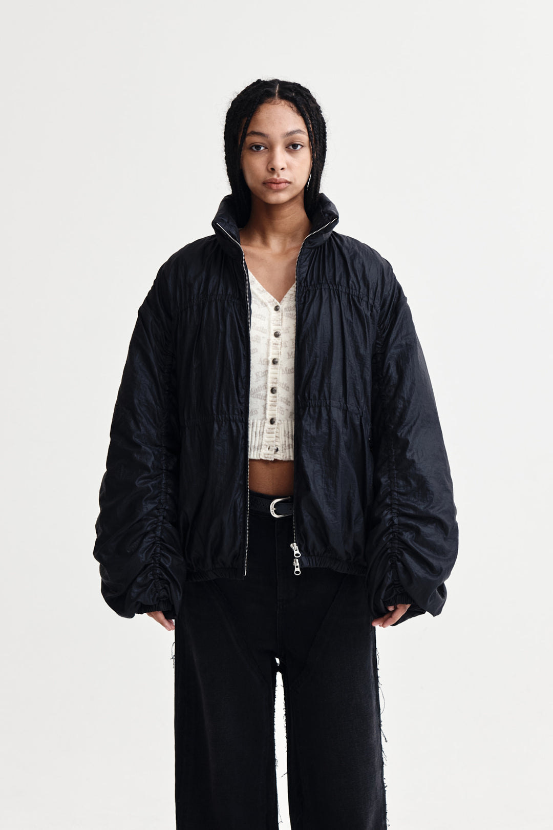 Matin Kim High Neck Shirring Down Jumper — Black