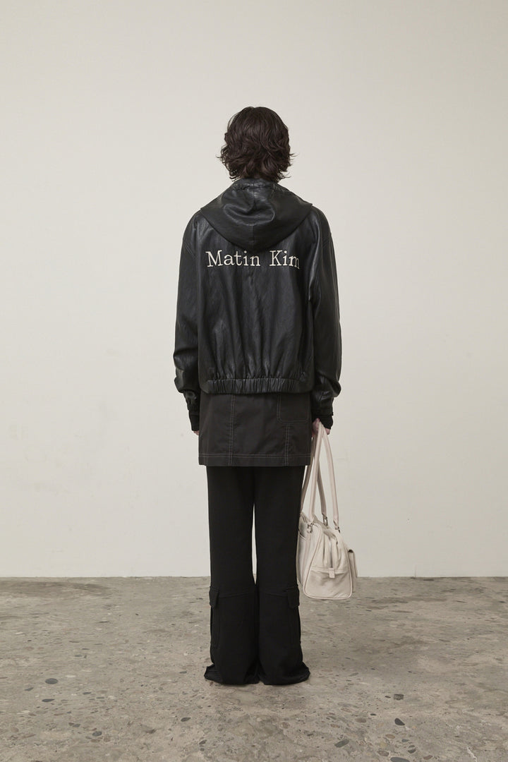 Matin Kim Faux Leather Hoody Crop Jumper — Black