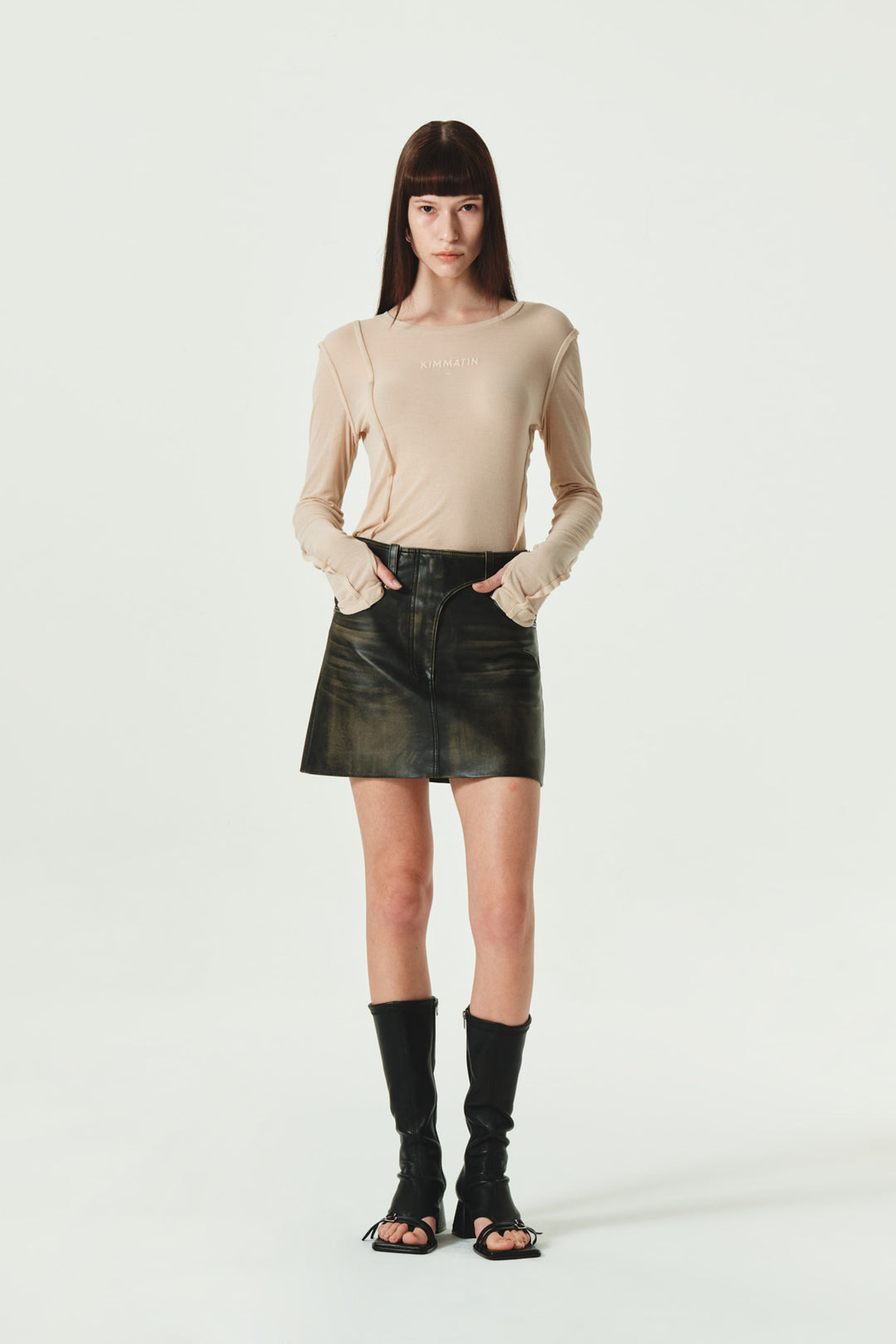 KIMMATIN Washed Faux Leather Mini Skirt — Brown