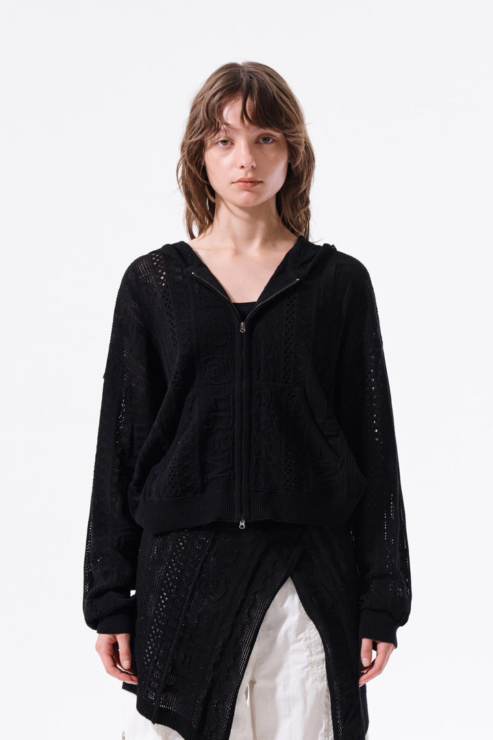 Matin Kim Mesh Logo Knit Zip Hoody — Black