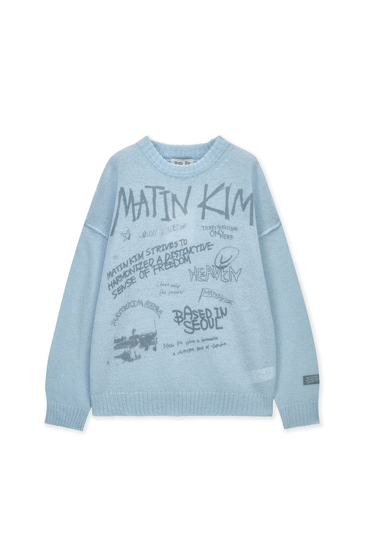 Matin Kim Graffiti Artwork Knit Pullover — Light Blue