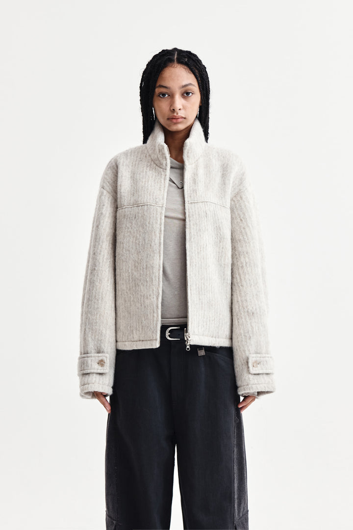 Matin Kim Hairy High Neck Zip Up Jumper — Beige