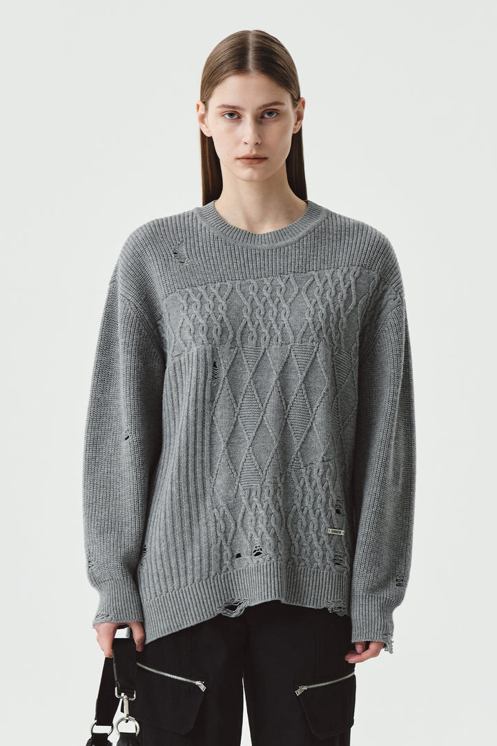 KIMMATIN Cable Mix Damage Knit Pullover — Gray