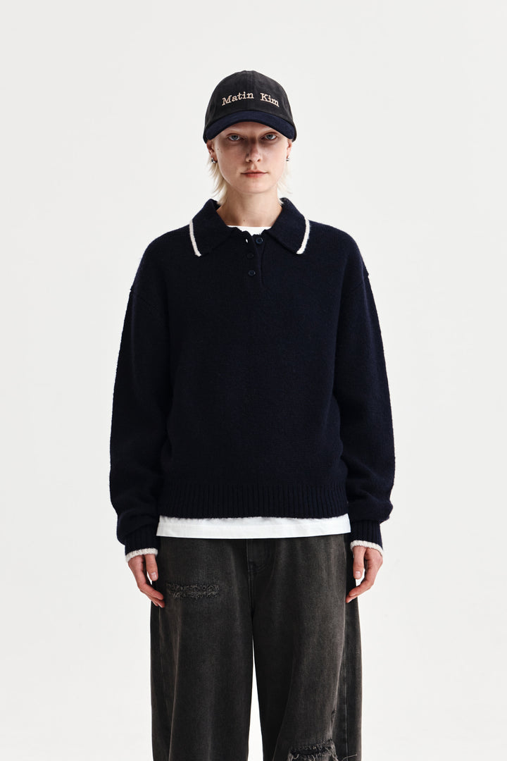 Matin Kim Back Logo Collar Knit Top — Dark Navy