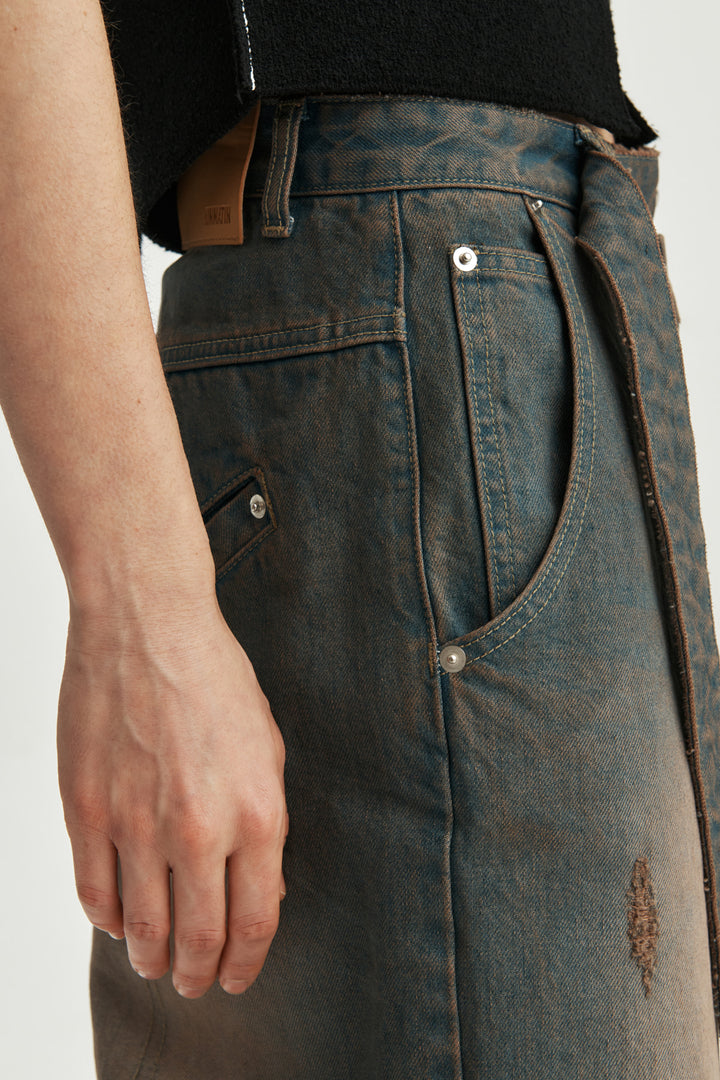 KIMMATIN Unbalance Belted Denim Pants — Blue
