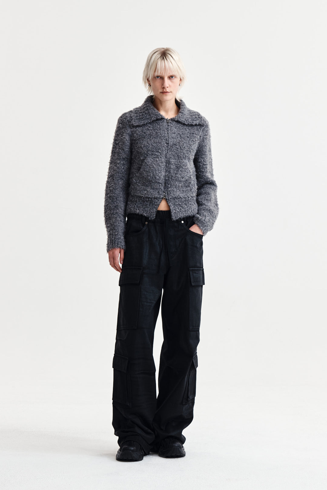 Matin Kim Boucle Knit Zip-Up Cardigan — Charcoal