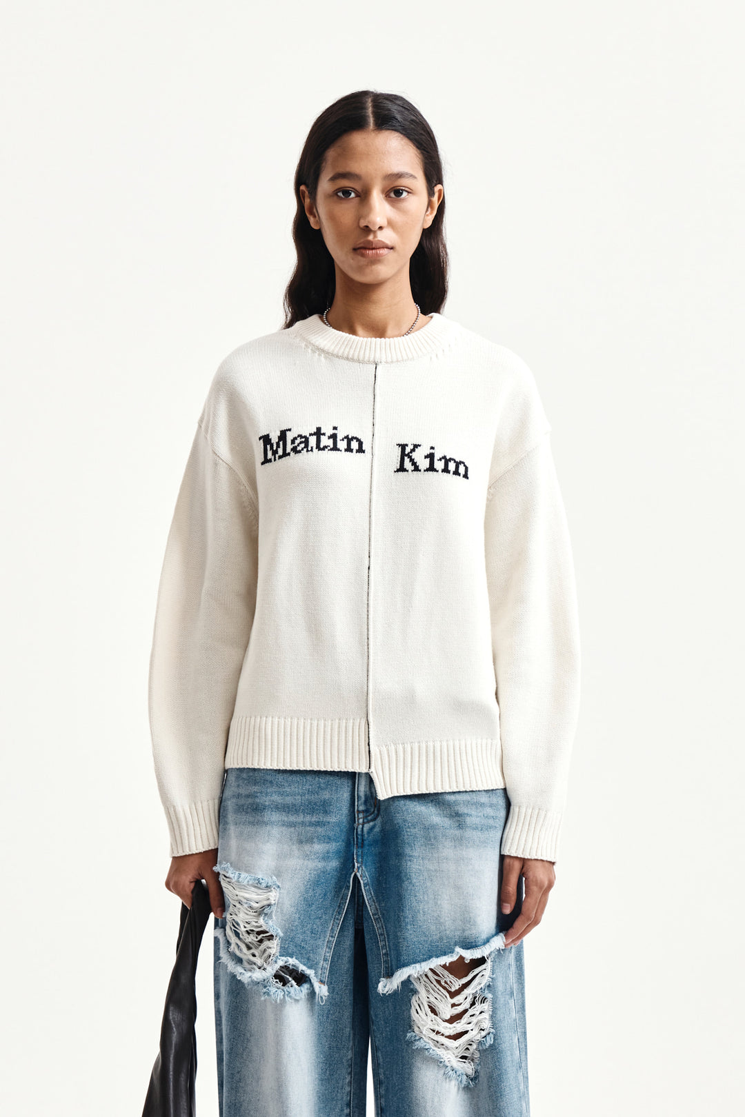 Matin Kim Asymmetric Logo Knit Pullover — Ivory