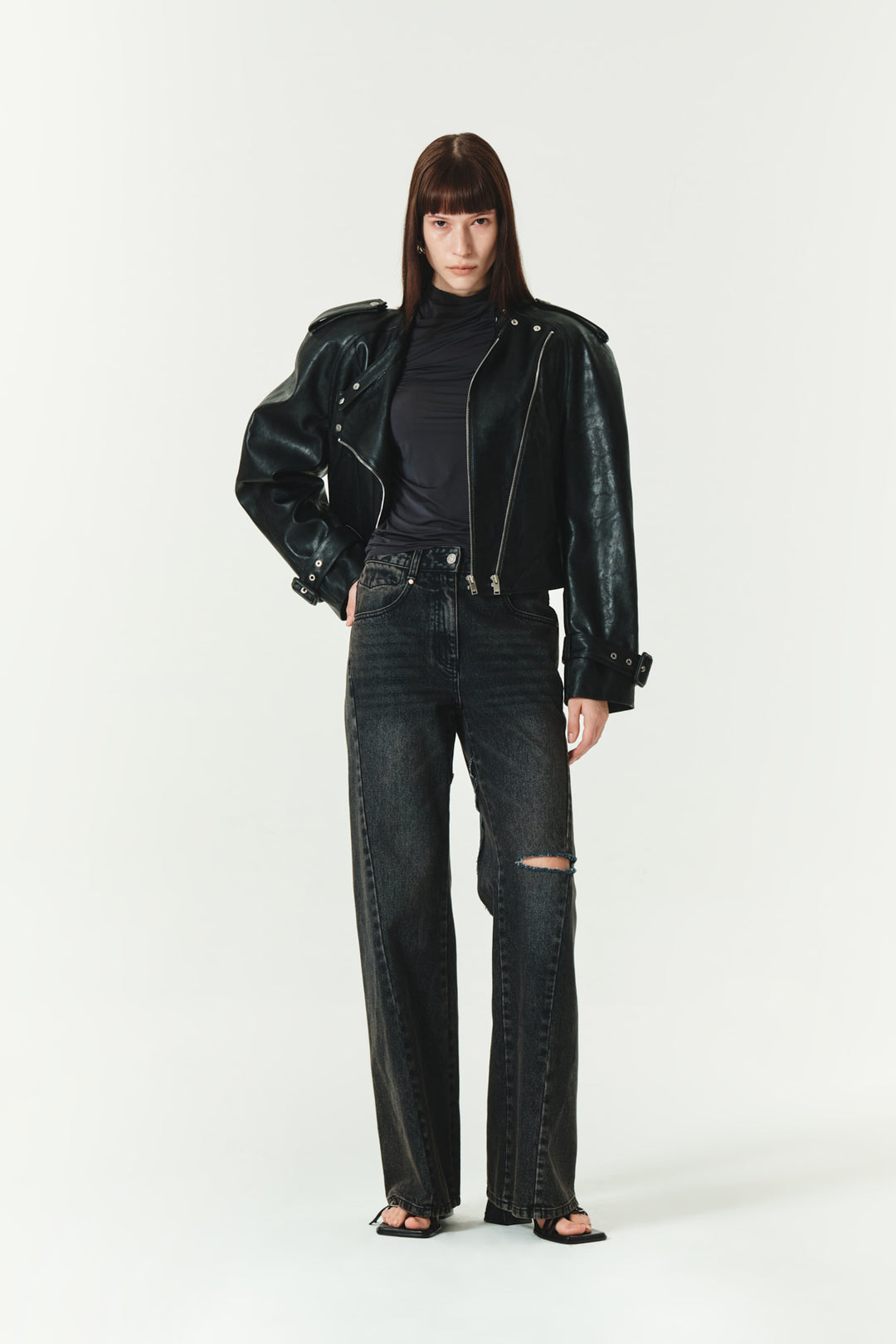 KIMMATIN Raglan Crop Leather Jumper — Black
