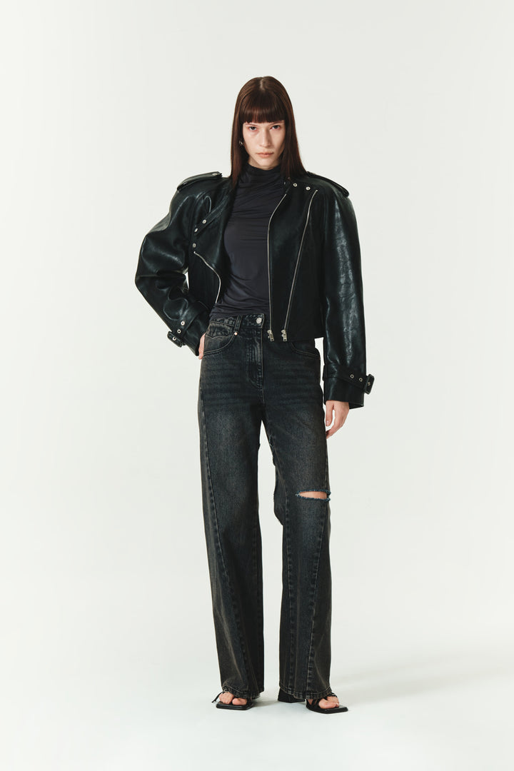 KIMMATIN Raglan Crop Leather Jumper — Black