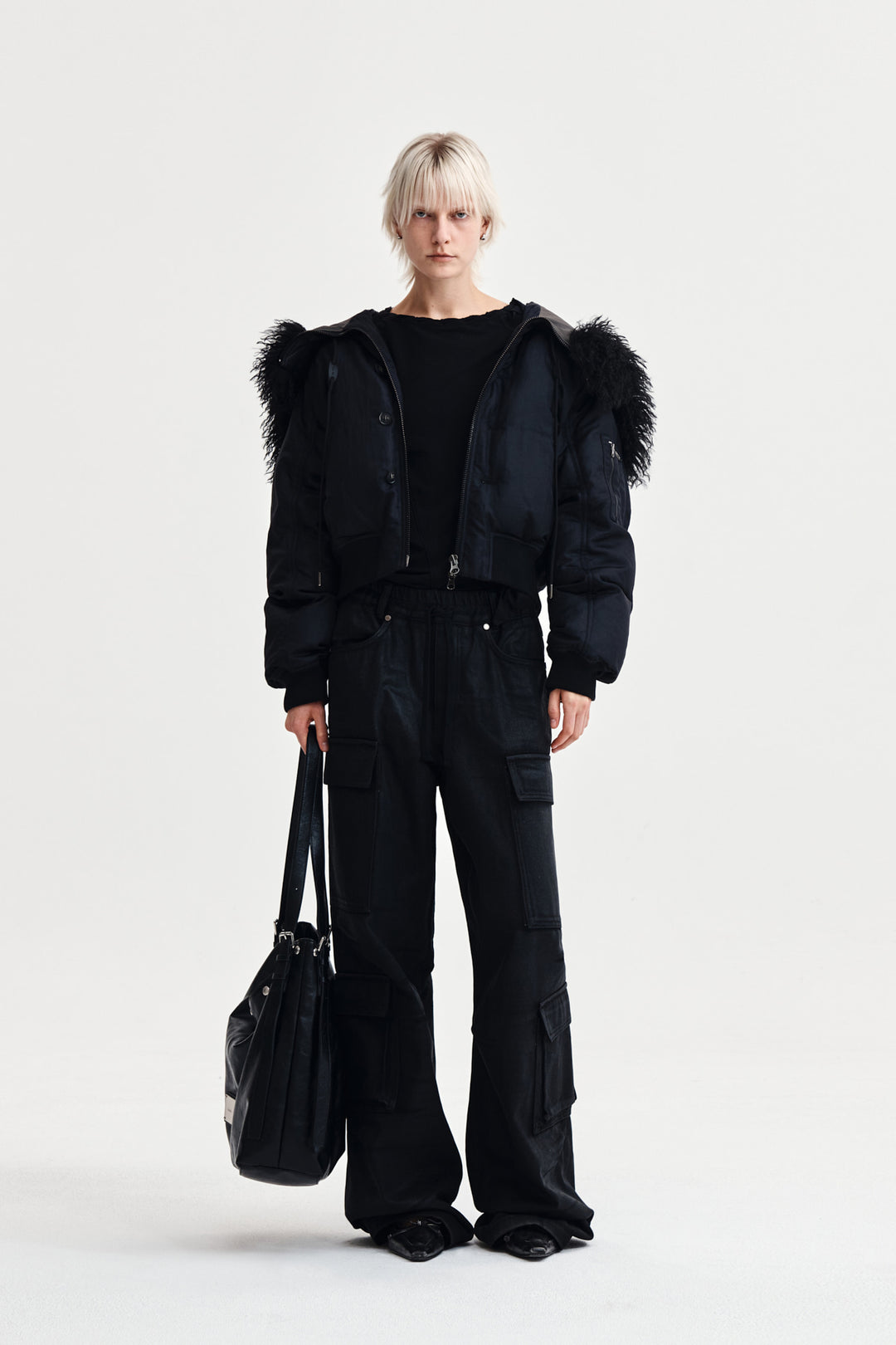 Matin Kim Coating Cargo Denim Pants — Black