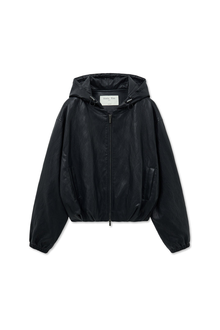 Matin Kim Faux Leather Hoody Crop Jumper — Black