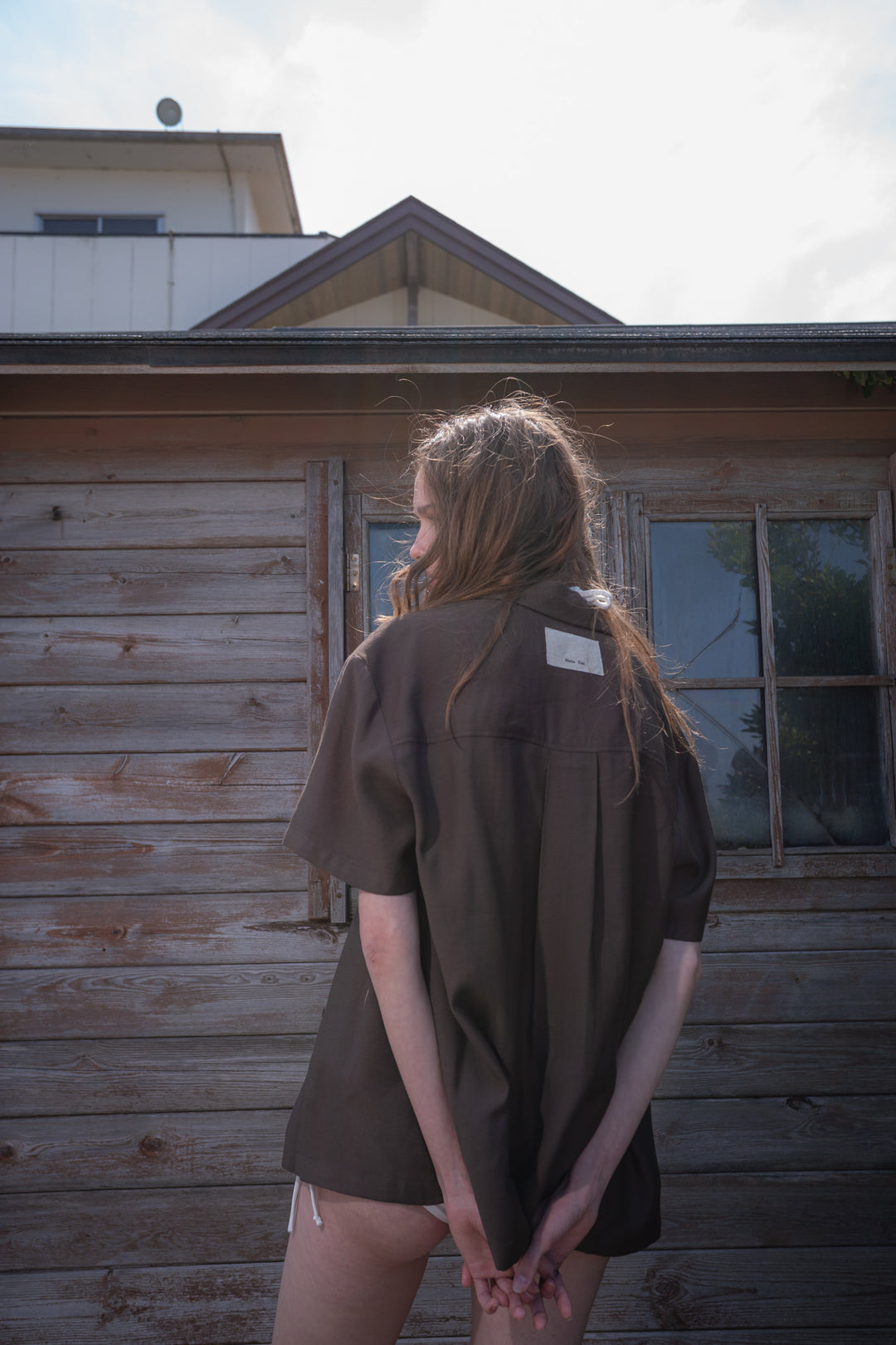 Matin Kim Unbalance Collar Half Shirt Khaki — Brown