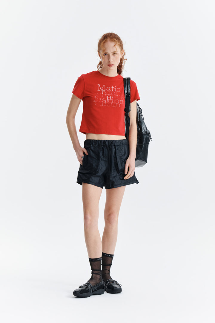 Matin Kim Dusty Typo Graphic Crop Top — Red