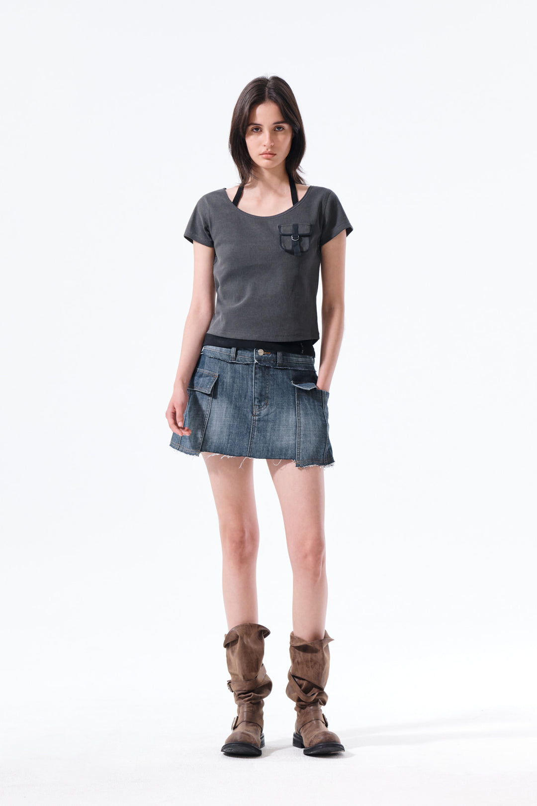 Matin Kim Pocket Point Slim Fit Top — Charcoal